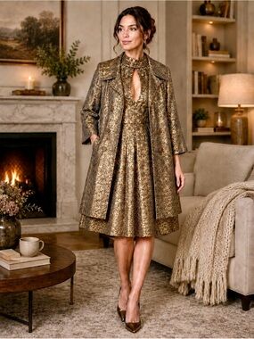 Nanette Lepore Metallic Gold & Bronze Brocade Fit-& Flare Dress Matching Coat 2